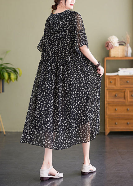 French Black V Neck Hooded Print Chiffon Dress Summer LY1503