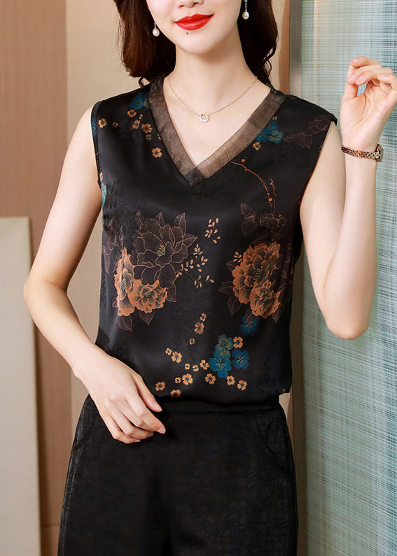 French Black V Neck Organza Patchwork Print Silk Vests Sleeveless LY0459