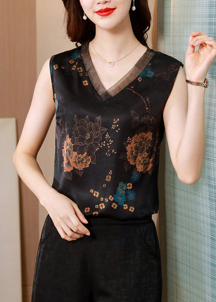 French Black V Neck Organza Patchwork Print Silk Vests Sleeveless LY0459