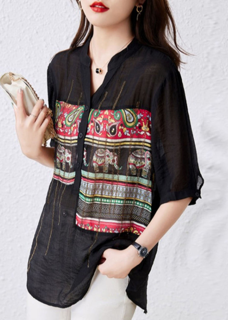 French Black V Neck Print Button Patchwork Cotton Tops Summer TQ1020