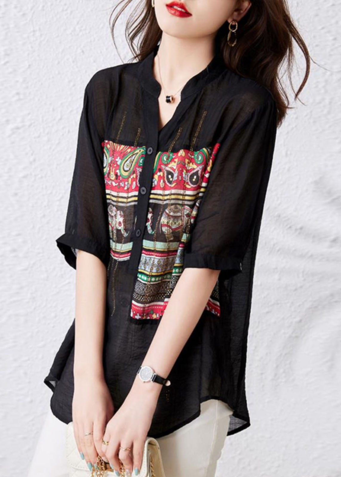 French Black V Neck Print Button Patchwork Cotton Tops Summer TQ1020