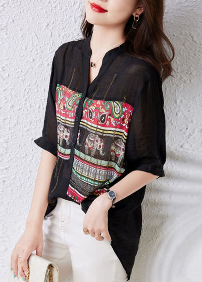 French Black V Neck Print Button Patchwork Cotton Tops Summer TQ1020