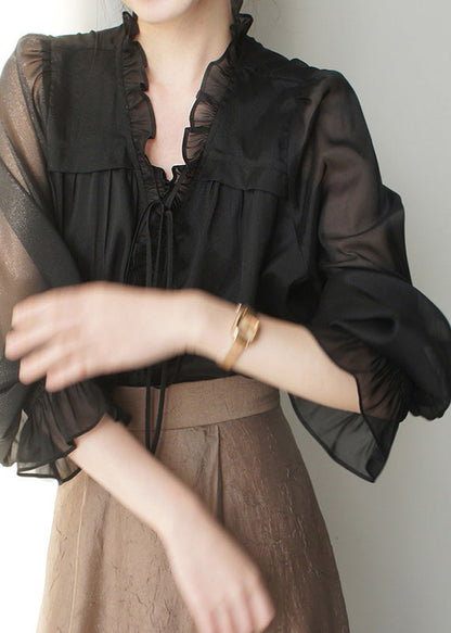 French Black V Neck Ruffled Solid Silk Shirts Spring LY0410