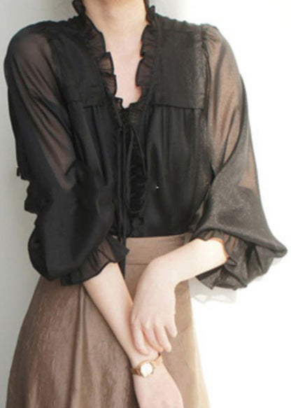 French Black V Neck Ruffled Solid Silk Shirts Spring LY0410