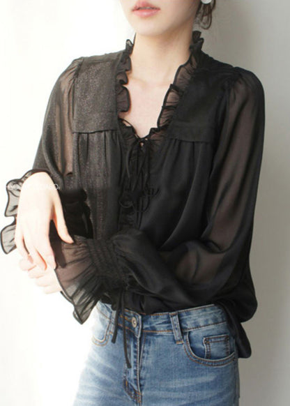 French Black V Neck Ruffled Solid Silk Shirts Spring LY0410