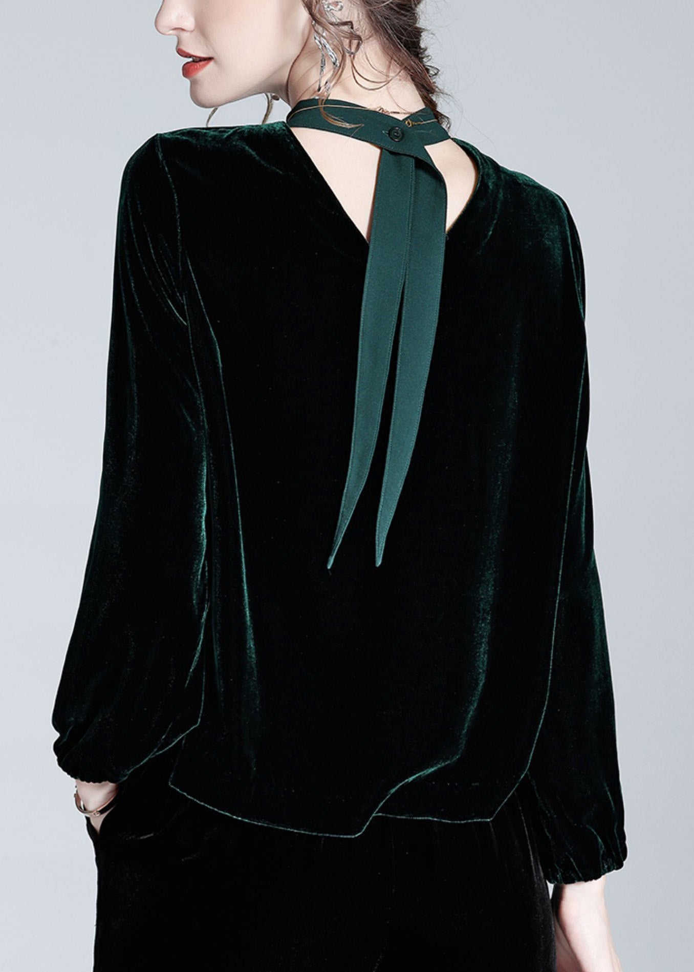 French Blackish Green Patchwork Silk Velour Shirts Long Sleeve AC3063