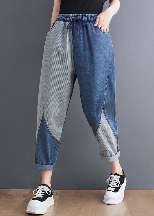 French Blue Asymmetrical Patchwork Drawstring Elastic Waist Denim Crop Pants Spring LY0638