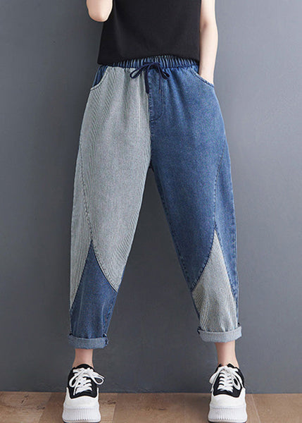 French Blue Asymmetrical Patchwork Drawstring Elastic Waist Denim Crop Pants Spring LY0638