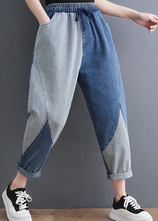 French Blue Asymmetrical Patchwork Drawstring Elastic Waist Denim Crop Pants Spring AC2062