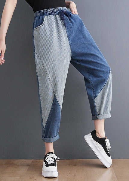 French Blue Asymmetrical Patchwork Drawstring Elastic Waist Denim Crop Pants Spring AC2062