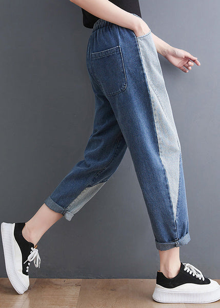French Blue Asymmetrical Patchwork Drawstring Elastic Waist Denim Crop Pants Spring AC2062