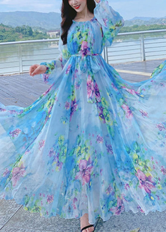 French Blue O-Neck Print Chiffon Long Holiday Dress Spring LY1788