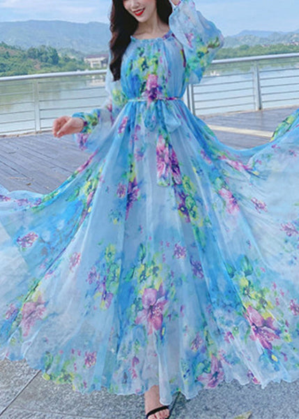 French Blue O-Neck Print Chiffon Long Holiday Dress Spring LY1788