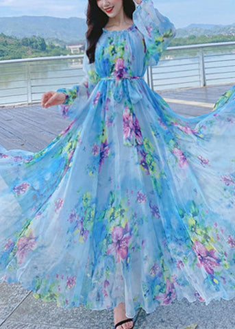 French Blue O-Neck Print Chiffon Long Holiday Dress Spring LY1788