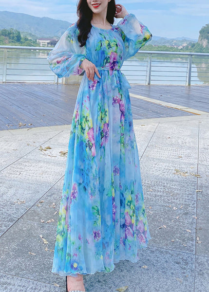 French Blue O-Neck Print Chiffon Long Holiday Dress Spring LY1788