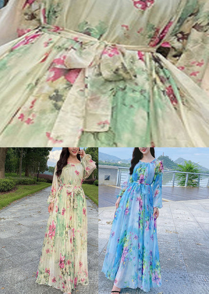 French Blue O-Neck Print Chiffon Long Holiday Dress Spring LY1788