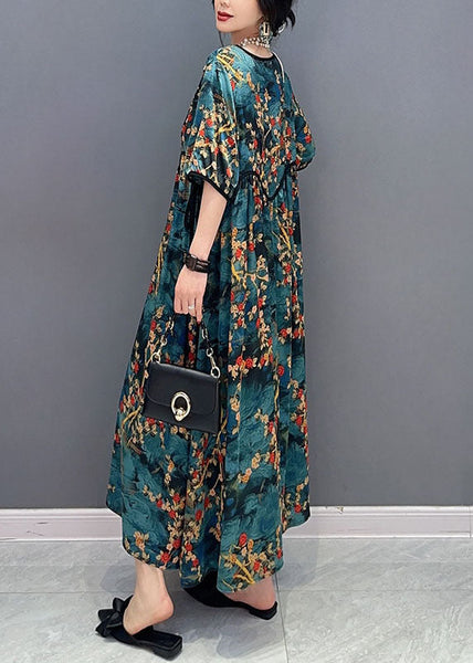 French Blue O Neck Print Wrinkled Patchwork Cotton Dresses Summer LC0342