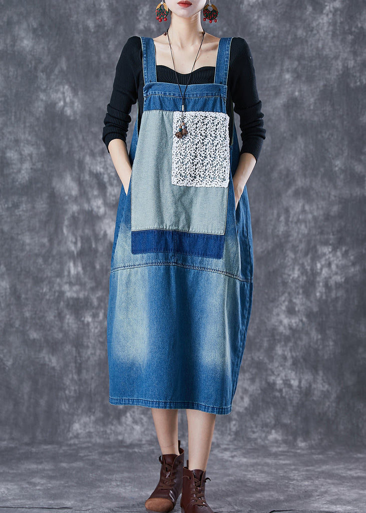 French Blue Oversized Lace Patchwork Denim Strap Dresses Summer TD1058