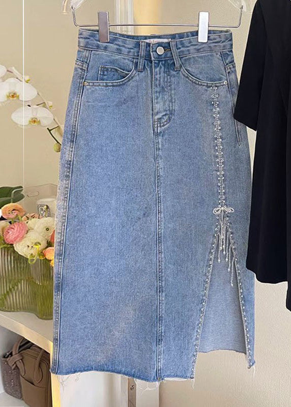 French Blue Patchwork Nail Bead Tassel Denim Maxi Skirts TY1080