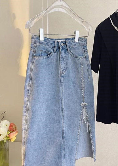 French Blue Patchwork Nail Bead Tassel Denim Maxi Skirts TY1080