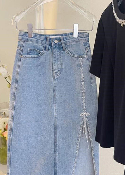 Jupe longue en jean patchwork bleu français à franges et perles, TY1080