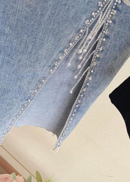 Jupe longue en jean patchwork bleu français à franges et perles, TY1080