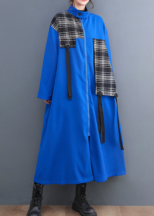 French Blue Peter Pan Collar Plaid Patchwork Zippered Long Trench Coats Spring LY0649