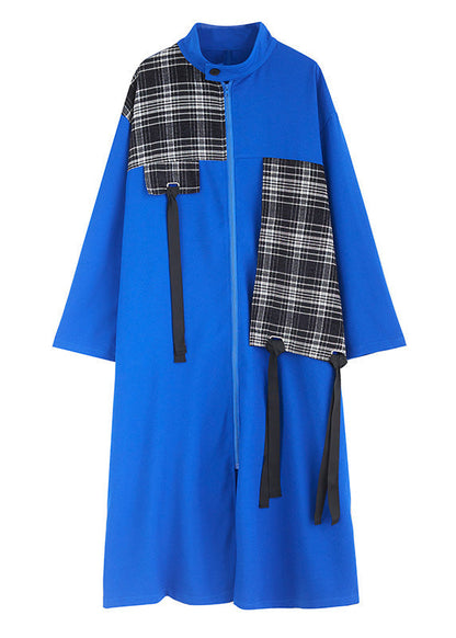 French Blue Peter Pan Collar Plaid Patchwork Zippered Long Trench Coats  AC2073