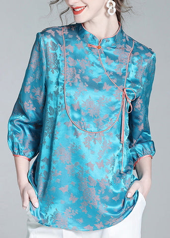 French Blue Stand Collar Button Silk Shirt Spring LY0153