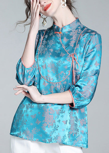 French Blue Stand Collar Button Silk Shirt Spring LY0153