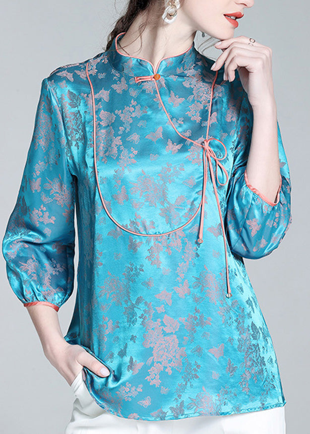 French Blue Stand Collar Button Silk Shirt Spring LY0153