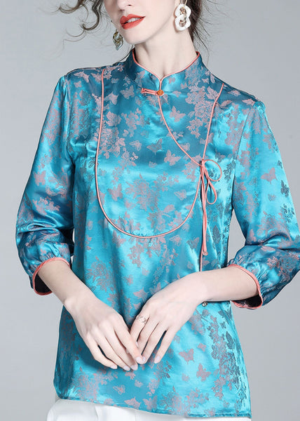 French Blue Stand Collar Button Silk Shirt Spring LY0153