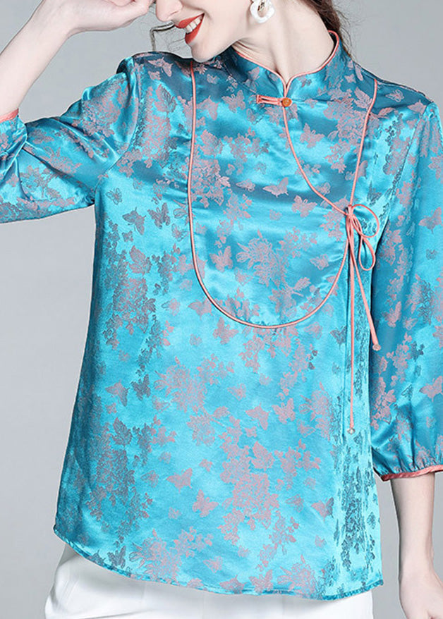 French Blue Stand Collar Button Silk Shirt Spring LY0153