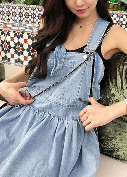 French Blue Wrinkled Patchwork Denim Long Dress Sleeveless LY1340