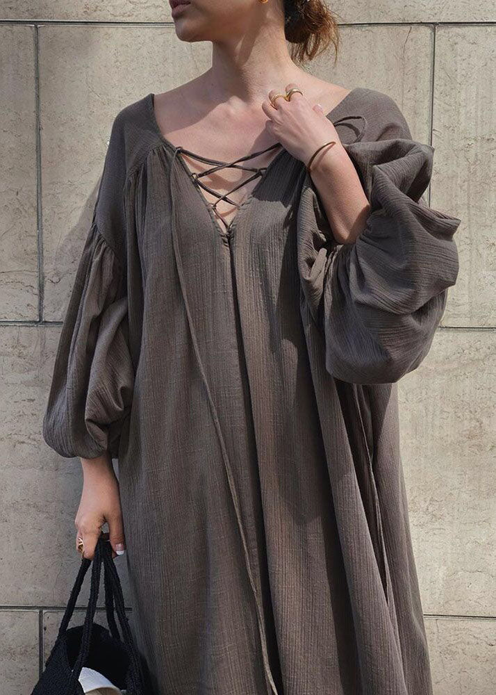 French Brown V Neck Backless Lace Up Cotton Long Dress Lantern Sleeve LY1368