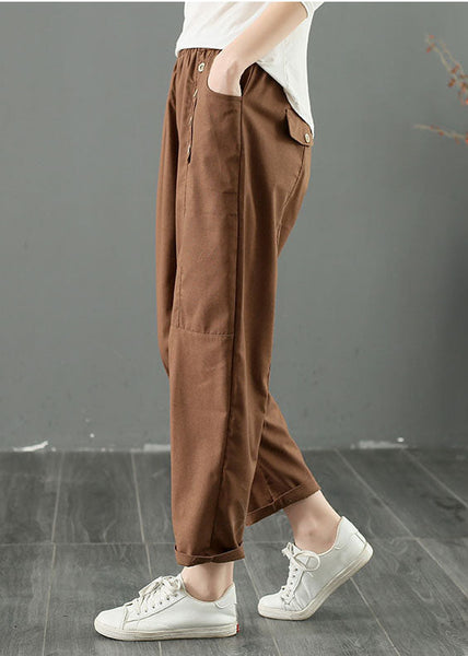 French Coffee Oversized Patchwork Button Cotton Harem Pants Summer AC2048
