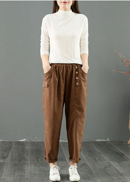 French Coffee Oversized Patchwork Button Cotton Harem Pants Summer AC2048