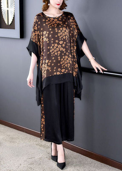 French Coffee Oversized Patchwork Print Silk Two-Piece Set Batwing Sleeve LY1709