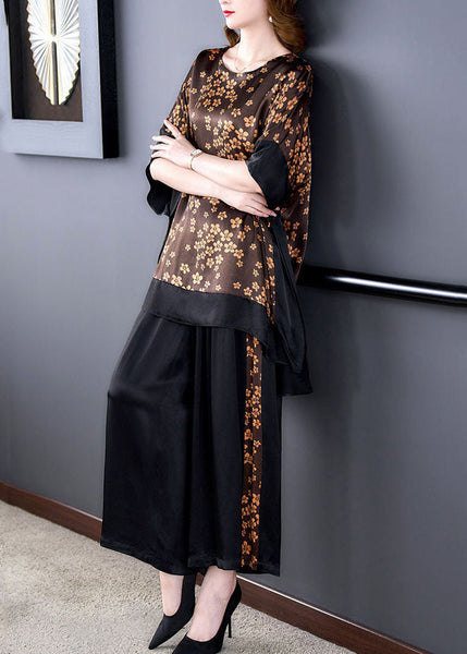 French Coffee Oversized Patchwork Print Silk Two-Piece Set Batwing Sleeve LY1709