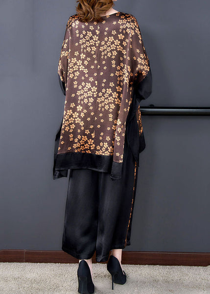 French Coffee Oversized Patchwork Print Silk Two-Piece Set Batwing Sleeve LY1709
