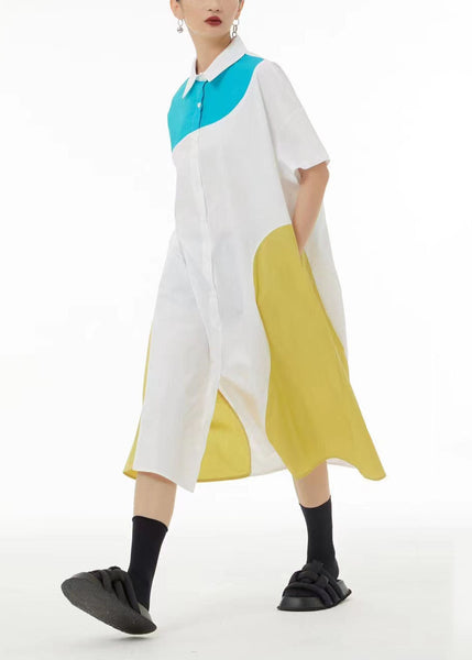 French Colorblock Peter Pan Collar Patchwork Cotton Shirt Dresses Summer LC0138