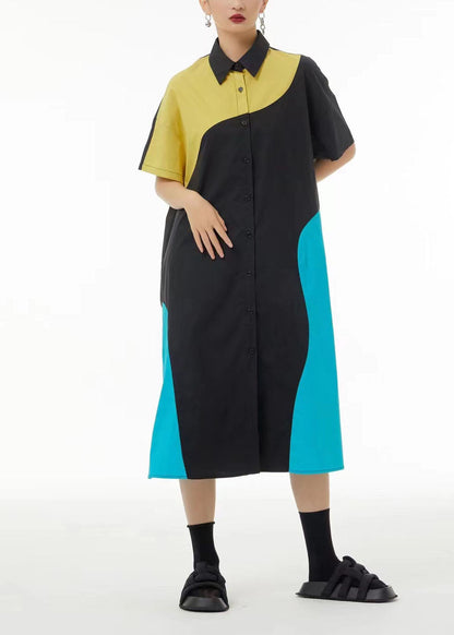 French Colorblock Peter Pan Collar Patchwork Cotton Shirt Dresses Summer LC0138