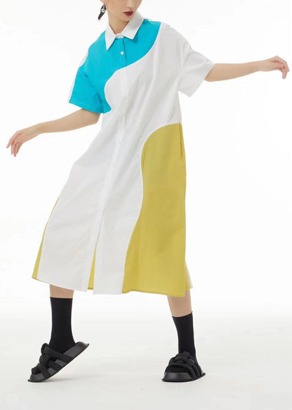 French Colorblock Peter Pan Collar Patchwork Cotton Shirt Dresses Summer LC0138