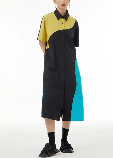French Colorblock Peter Pan Collar Patchwork Cotton Shirt Dresses Summer LC0138