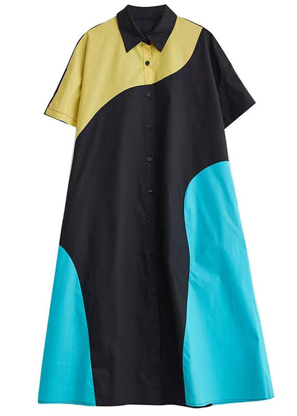 French Colorblock Peter Pan Collar Patchwork Cotton Shirt Dresses Summer LC0138