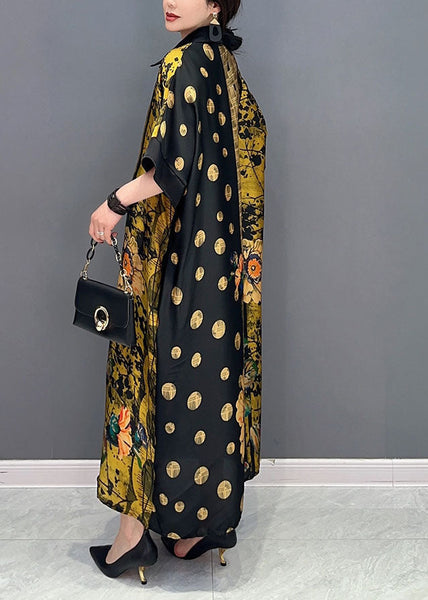 French Colorblock Peter Pan Collar Print Silk Maxi Dresses Summer LY1590