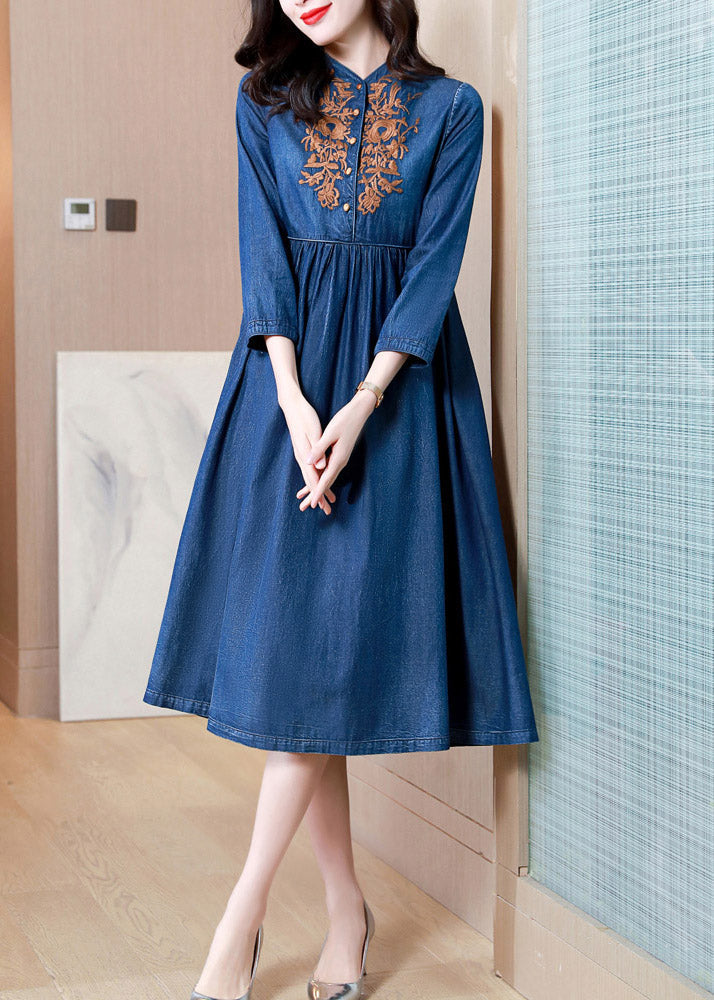 French Denim Blue V Neck Embroideried Patchwork Elastic Waist Cotton Long Dresses Spring AC2022