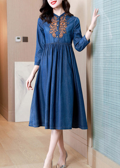 French Denim Blue V Neck Embroideried Patchwork Elastic Waist Cotton Long Dresses Spring AC2022