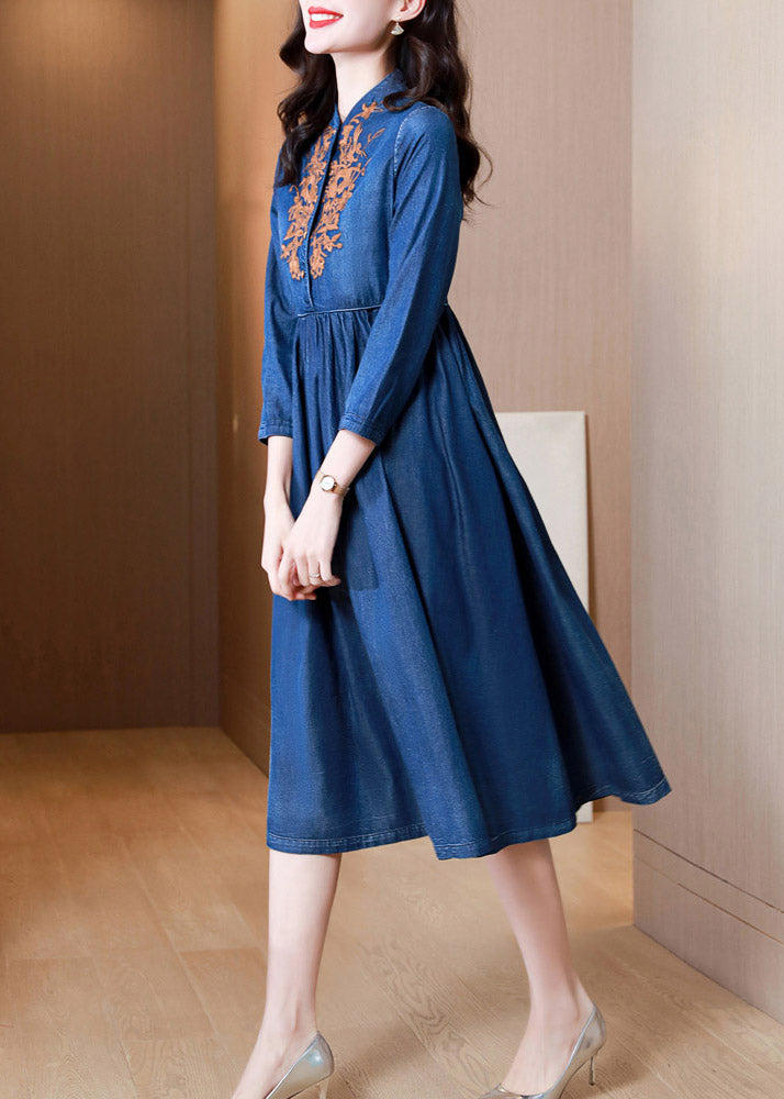 French Denim Blue V Neck Embroideried Patchwork Elastic Waist Cotton Long Dresses Spring AC2022