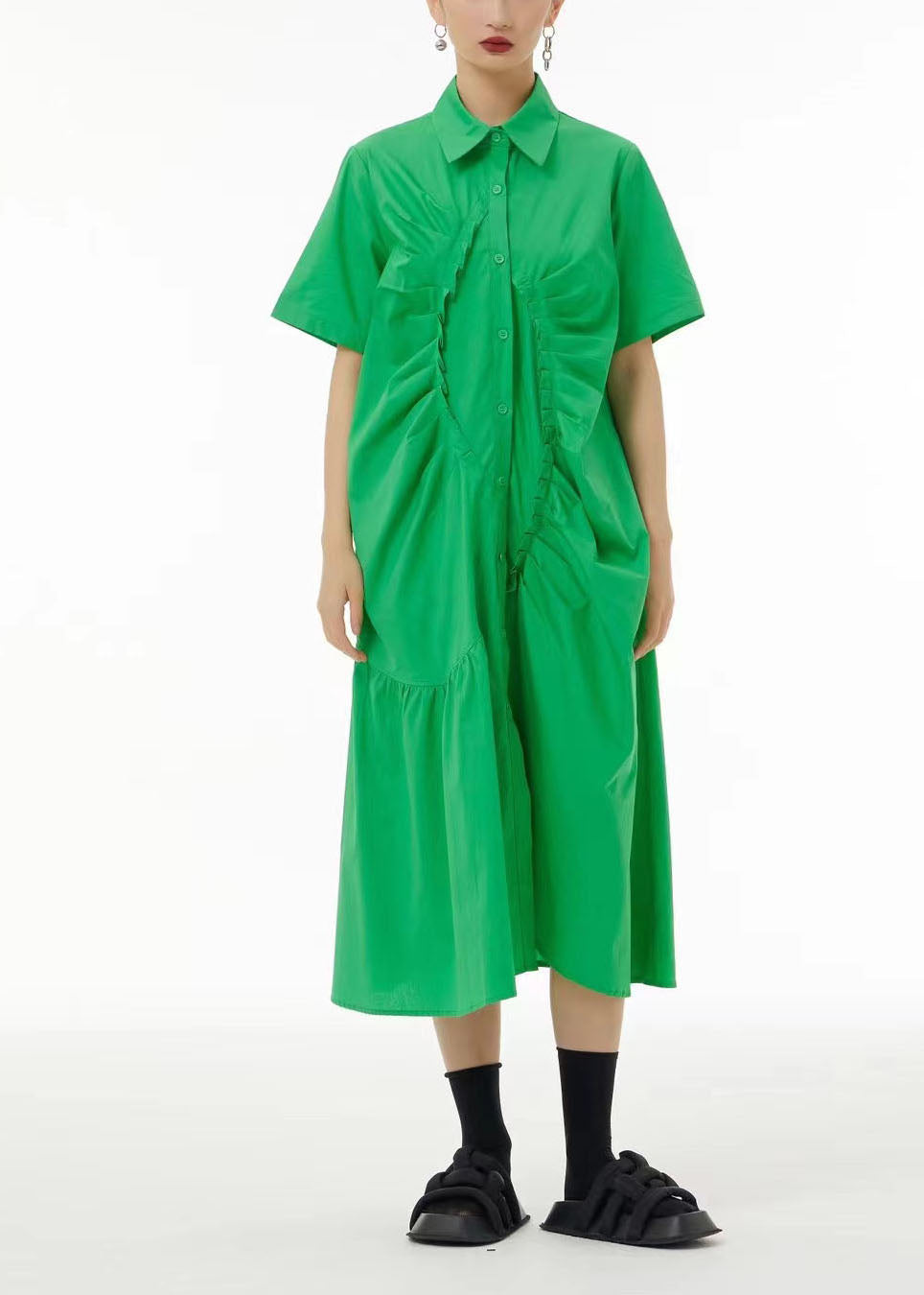 French Green Asymmetrical Wrinkled Cotton Robe Dresses Summer LC0158